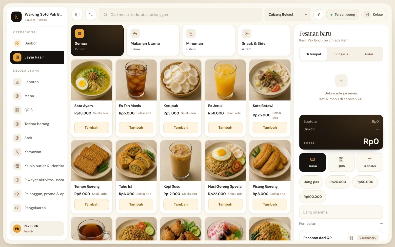 Layar kasir Kasirinyuk berisi daftar menu, keranjang pesanan, dan navigasi outlet